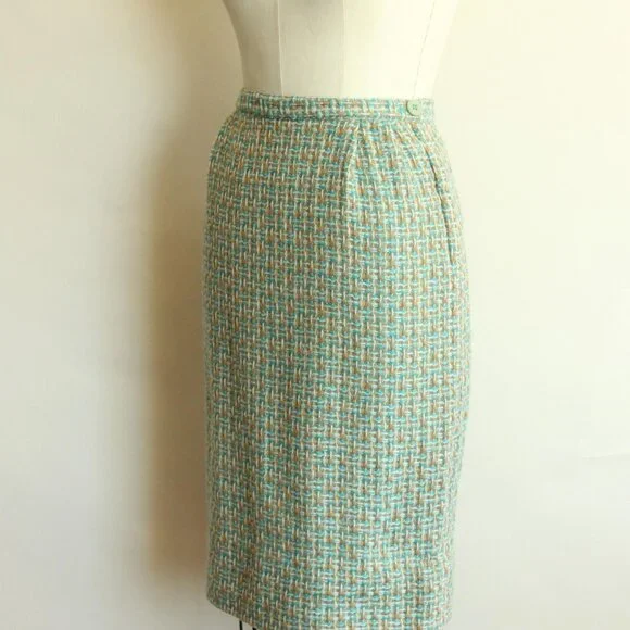 Vintage 1960s Skirt, Majestic Specialties Tweed Check or Plaid Wool Pencil Skirt